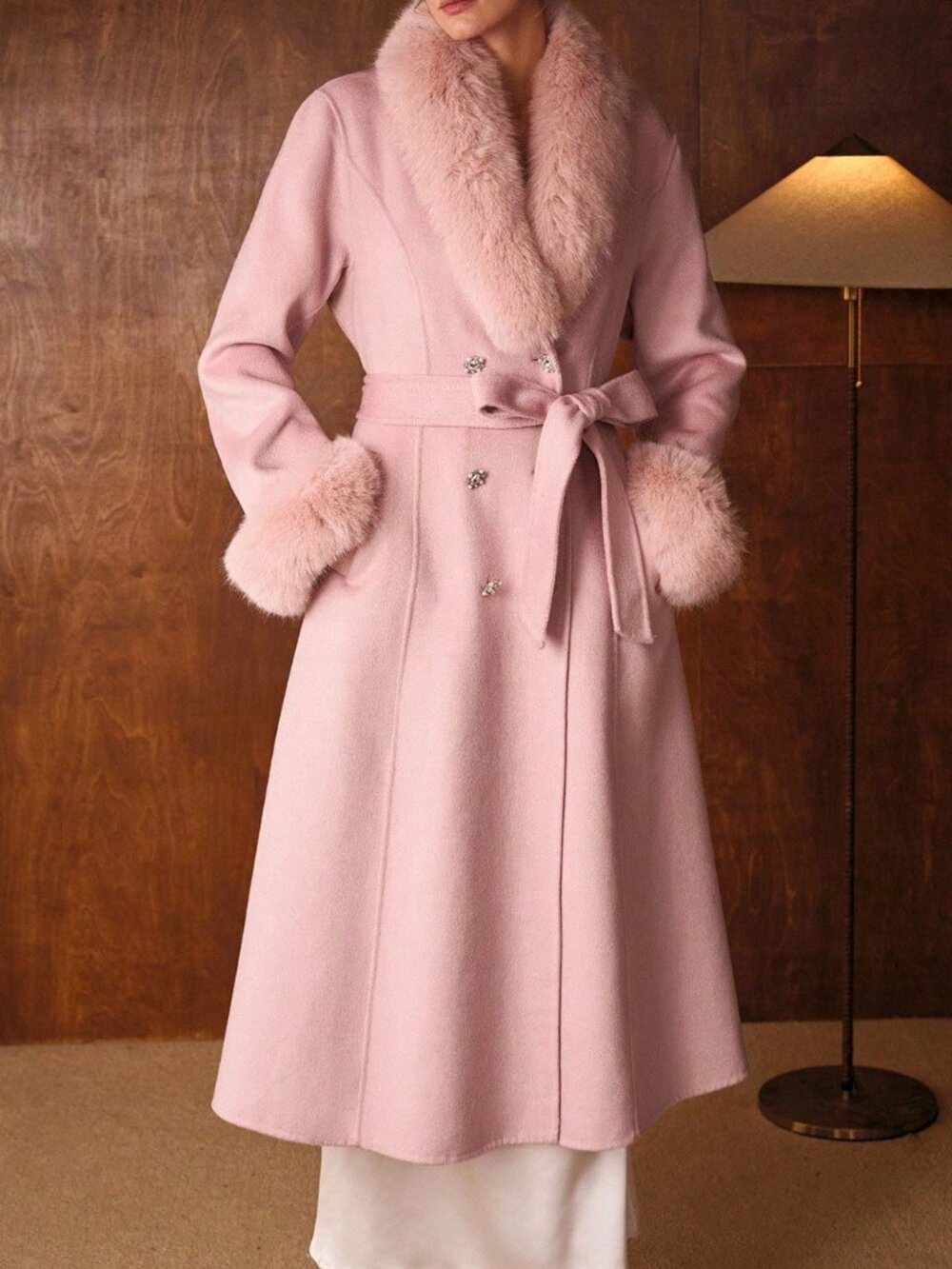 Baby Pink Elegant Women's Collar Cinched Waist Fitted Mid-Length Belted Overcoat - Picture 3 of 8
